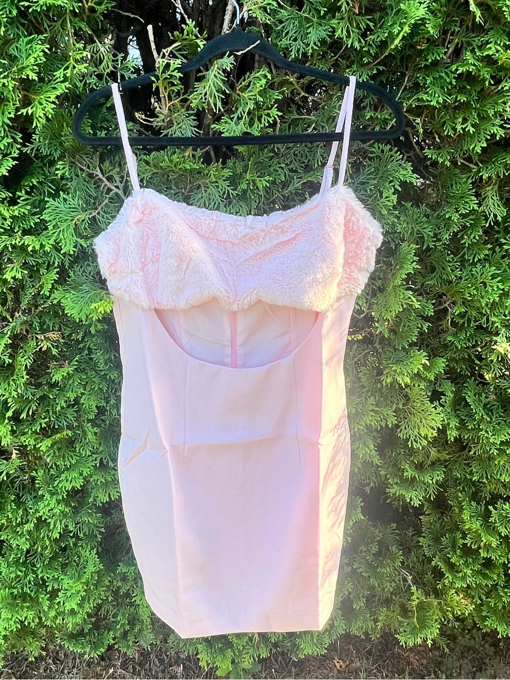 naked wardrobe Light Pink Faux-Fur Trim Slip Dress